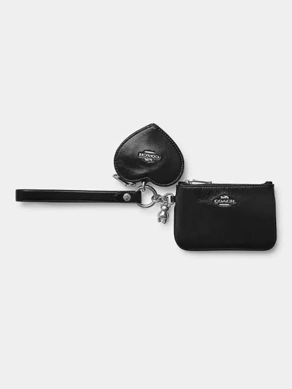 Coach Wristlet And Heart Pouch With Charm Silver/Black Shiny Crinkle Leather NWT